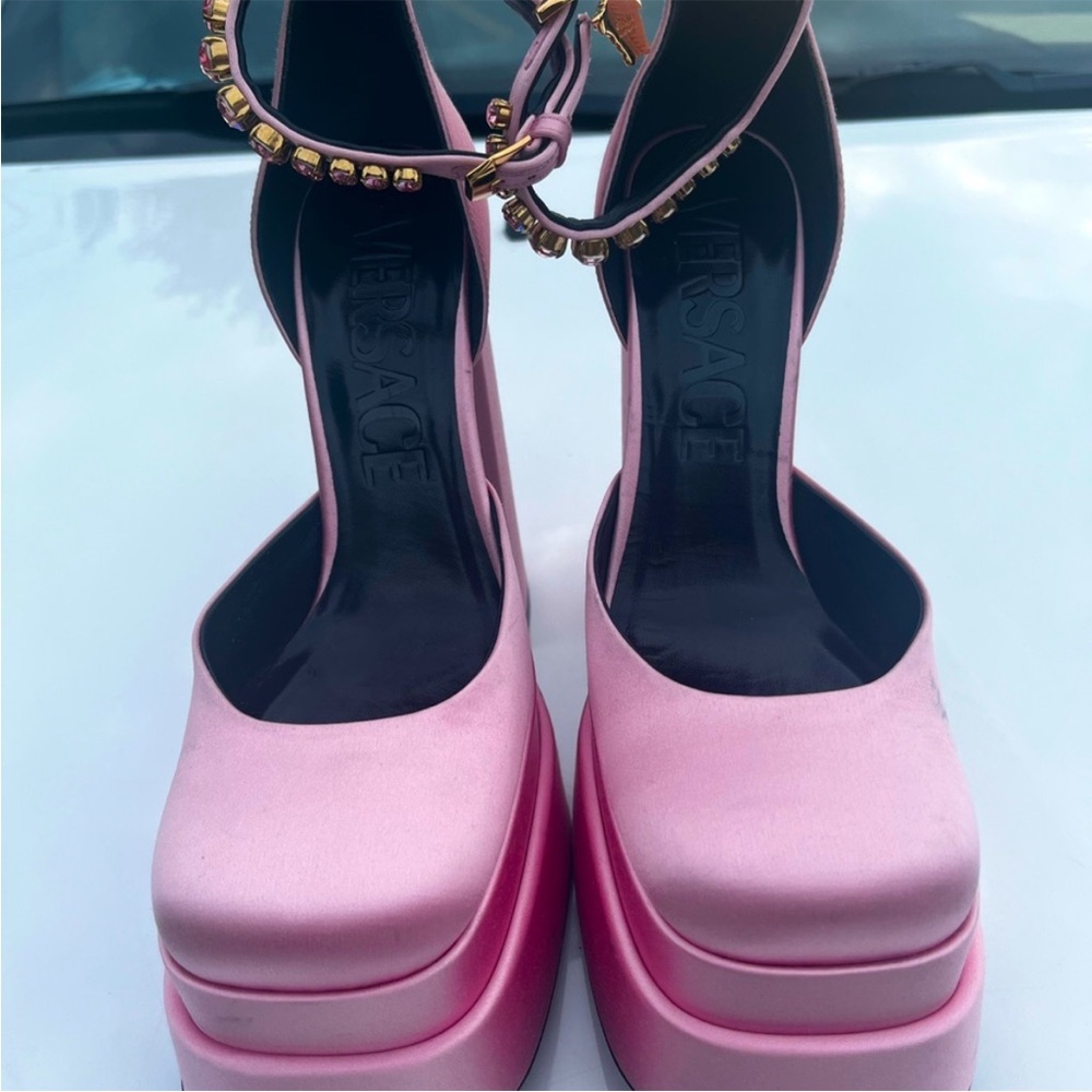 Versace Pink Satin Platform Heels